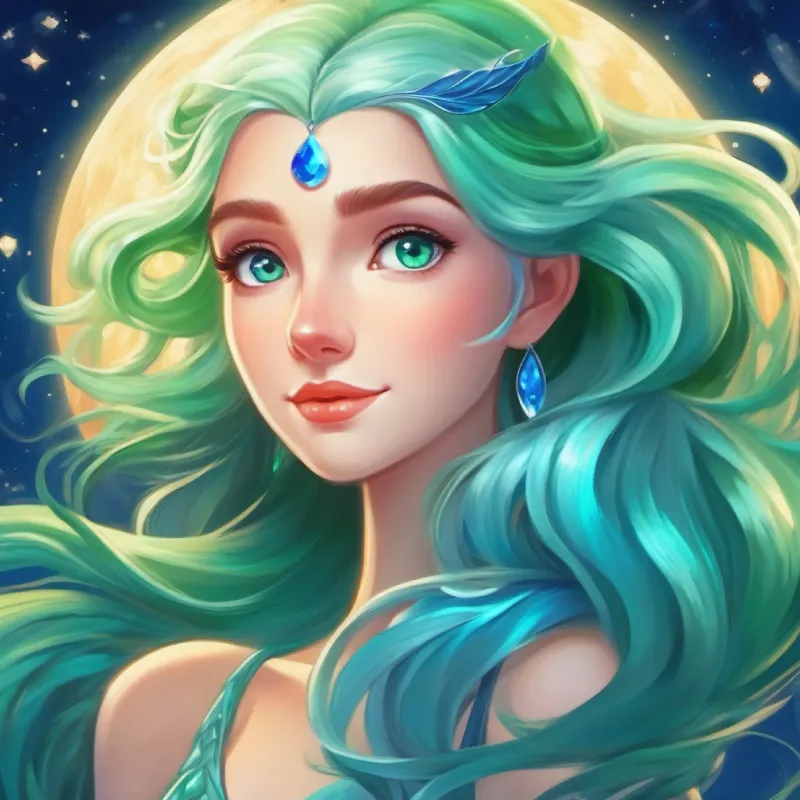 The moonstone shows its magic, making Mermaid with long, green hair, blue tail, bright blue eyes's tail glow.