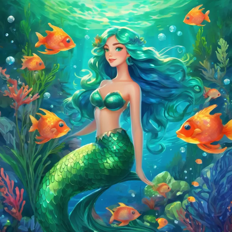 Mermaid with long, green hair, blue tail, bright blue eyes uses the magic to make sea plants grow.