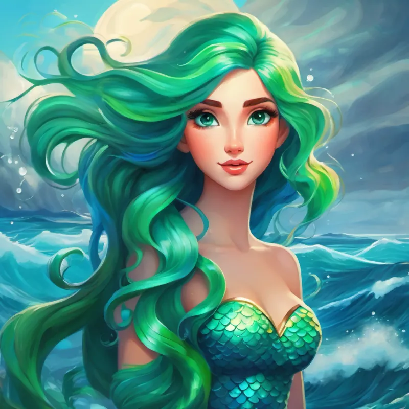 Mermaid with long, green hair, blue tail, bright blue eyes braves the storm, using the moonstone to calm the sea.