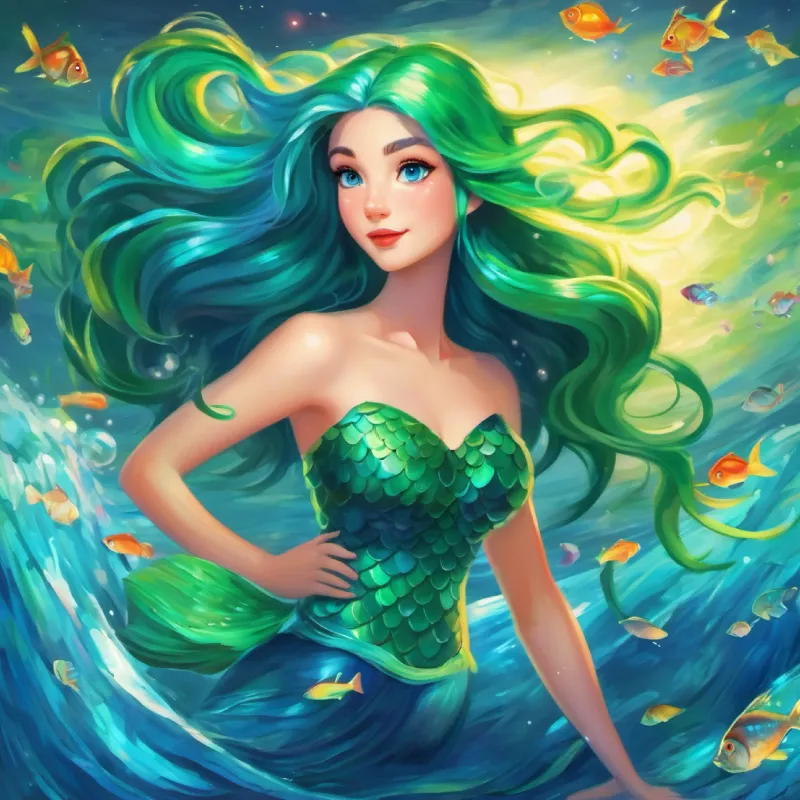 Fish follows Mermaid with long, green hair, blue tail, bright blue eyes's glowing tail to safety.