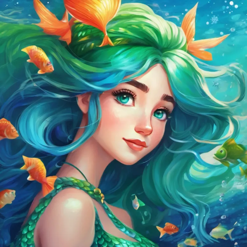 Mermaid with long, green hair, blue tail, bright blue eyes speaks about bravery and teamwork.