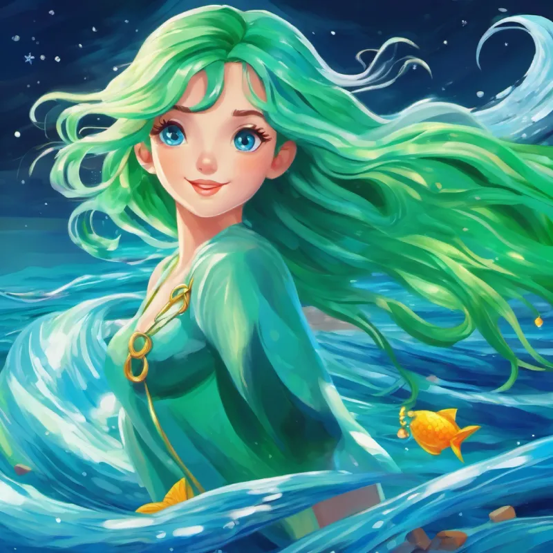 After the storm, Mermaid with long, green hair, blue tail, bright blue eyes is celebrated as a hero.