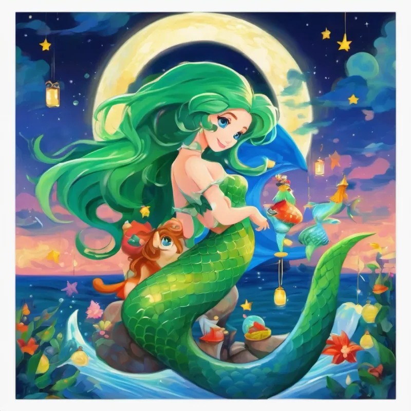 A celebration under the full moon with Mermaid with long, green hair, blue tail, bright blue eyes's friends.