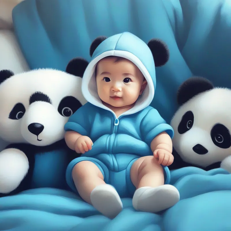 Baby in blue onesie holding a stuffed panda toy
