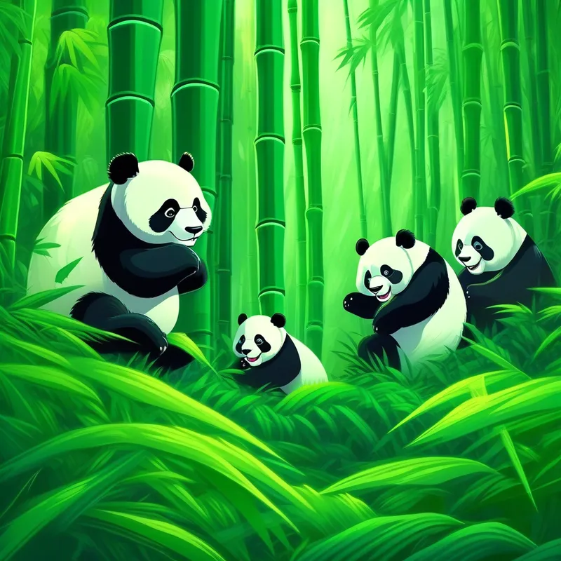 Green bamboo forest with pandas