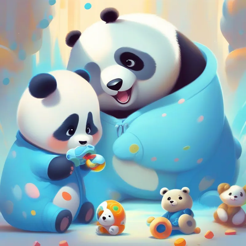 Baby in blue onesie and Small and chubby panda playing with toys