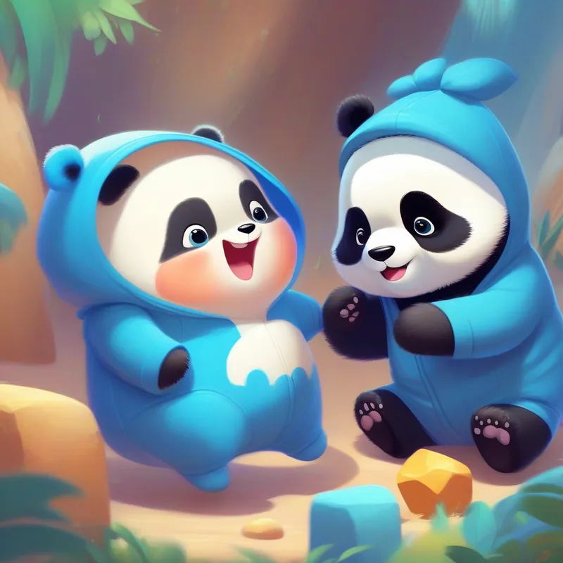 Baby in blue onesie and Small and chubby panda having fun activities