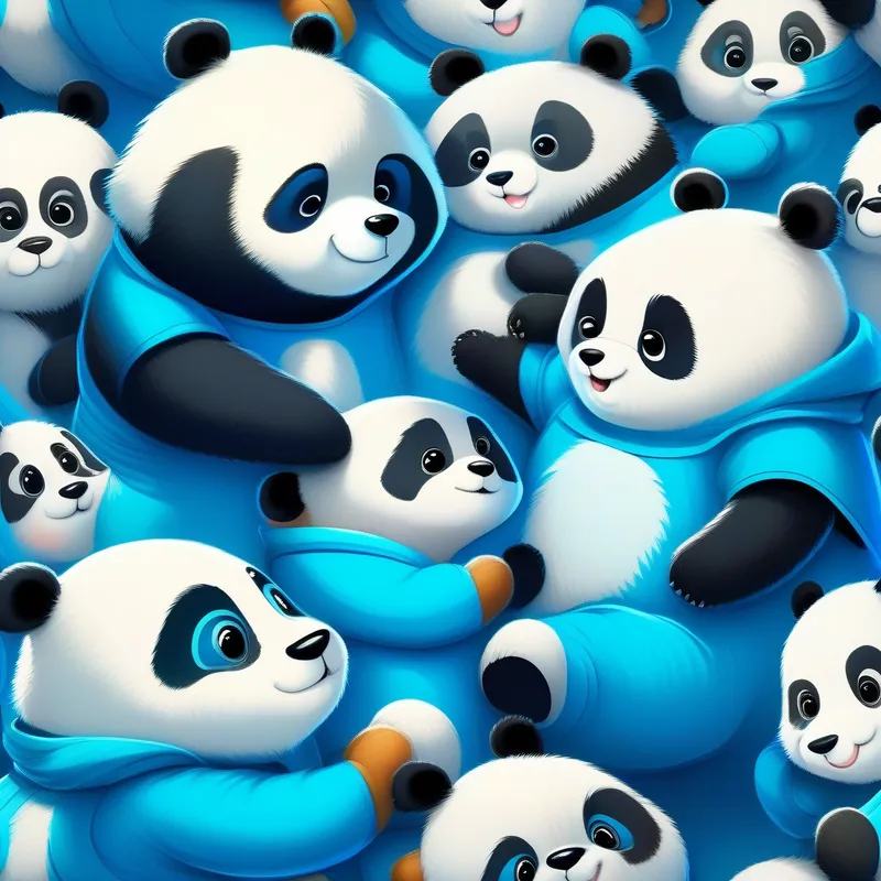 Baby in blue onesie and the Panda Family hugging and smiling