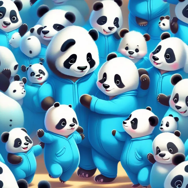 Baby in blue onesie and the Panda Family holding hands
