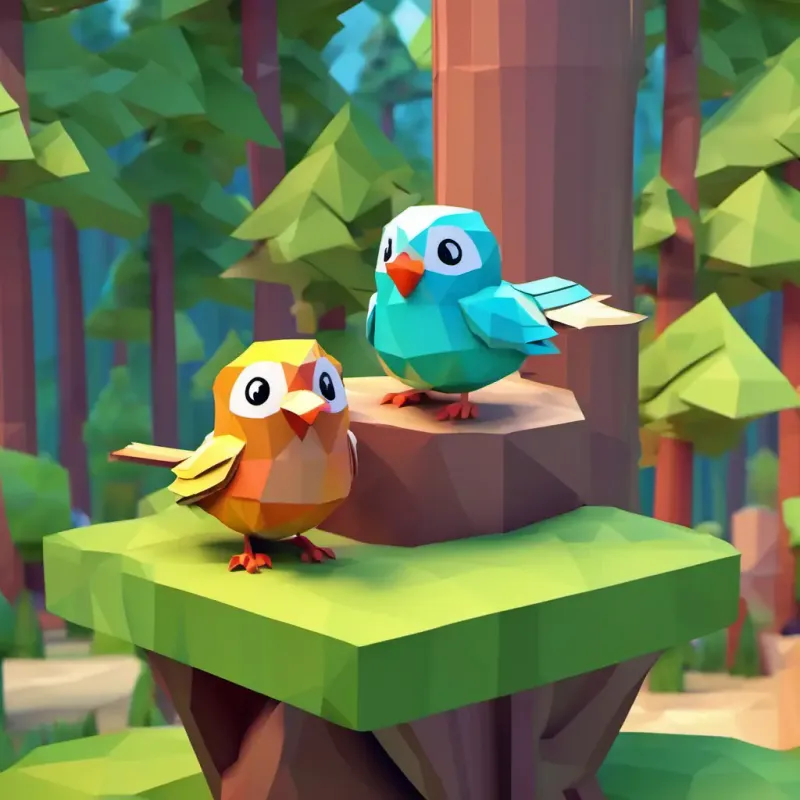 Rosy is a little bird with bright feathers and sparkling eyes and her family are sitting on the top of a tall tree in the forest. They have a picnic blanket with delicious food.