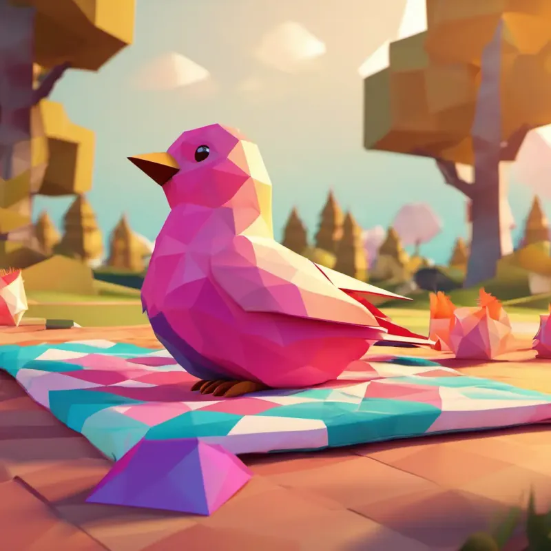 Rosy is a little bird with bright feathers and sparkling eyes is sitting on the picnic blanket, looking up at the birds doing tricks in the sky. She has a worried expression on her face.