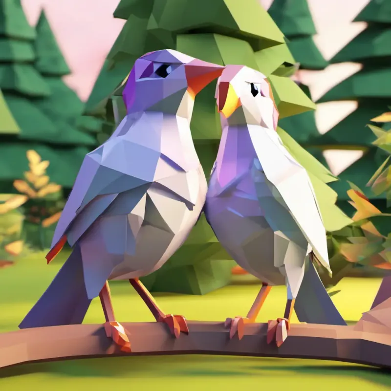 Rosy is a little bird with bright feathers and sparkling eyes's mom is a loving bird with gentle eyes and soft feathers is comforting her, giving her a hug. They are surrounded by the beautiful forest.