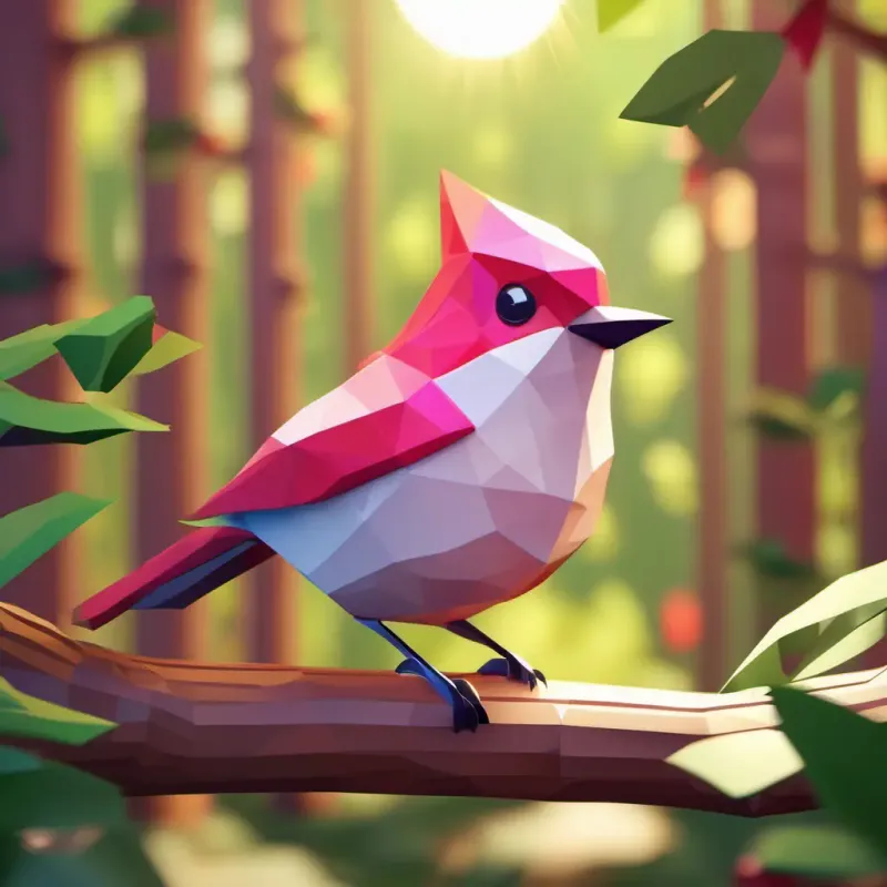 Rosy is a little bird with bright feathers and sparkling eyes is perched on a branch, smiling happily. The sun is shining, and the forest is filled with joy.