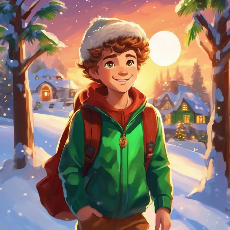 Leo, a boy with light skin, green eyes, adventurous smile arrives, plans to explore.
