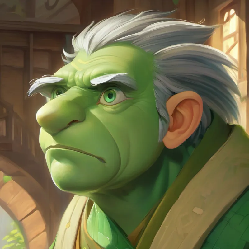Description of Green skin, curious eyes's father, his appearance and personality.