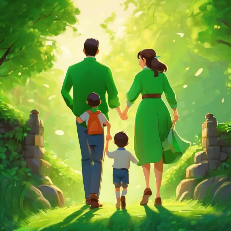 Family celebrating their success and showing affection to Green skin, curious eyes.