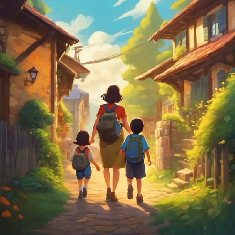 Family returning home after the adventure, feeling happy and united.