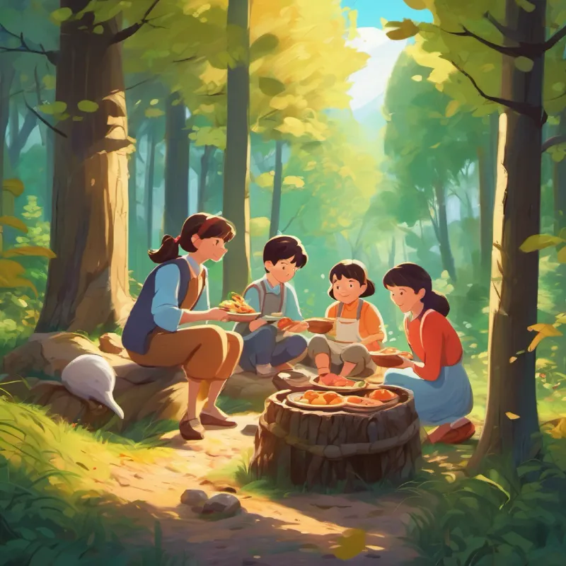 Family gathering food in the woods for their morning meal.
