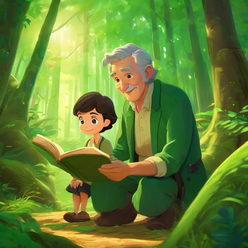 Green skin, curious eyes’s father telling a treasure story to Green skin, curious eyes in the forest.