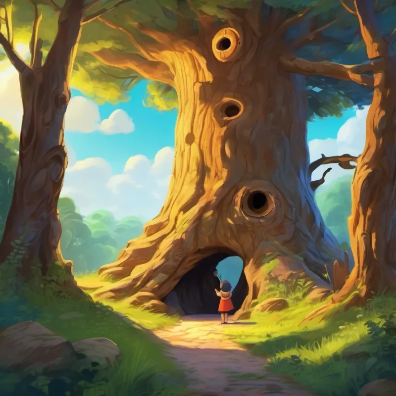 Family finding the landmark from the story, an old tree with a hole.