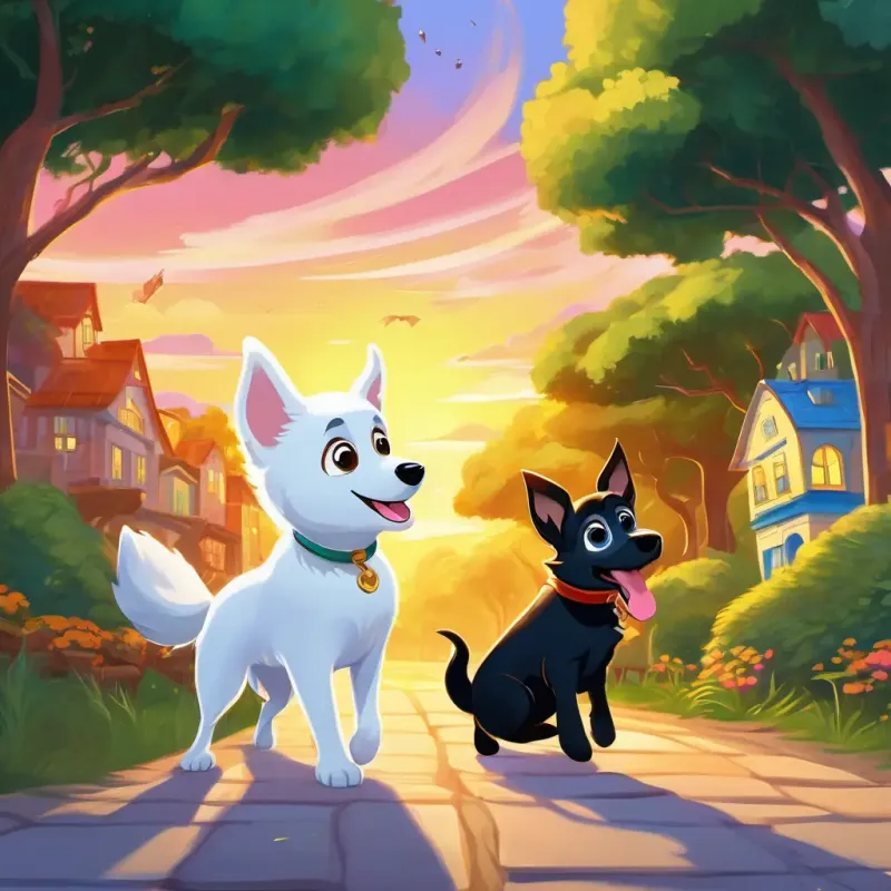 A colorful town by the sparkling sea, with houses, trees, and the sun shining brightly. A golden fur dog with big brown eyes, wagging tail, A spotted dog with floppy ears, smiling and playful, A sleek black dog with alert eyes, wagging tail, and A fluffy white dog with bright eyes, bouncing with joy are running towards a tree with a kitten stuck on a branch.