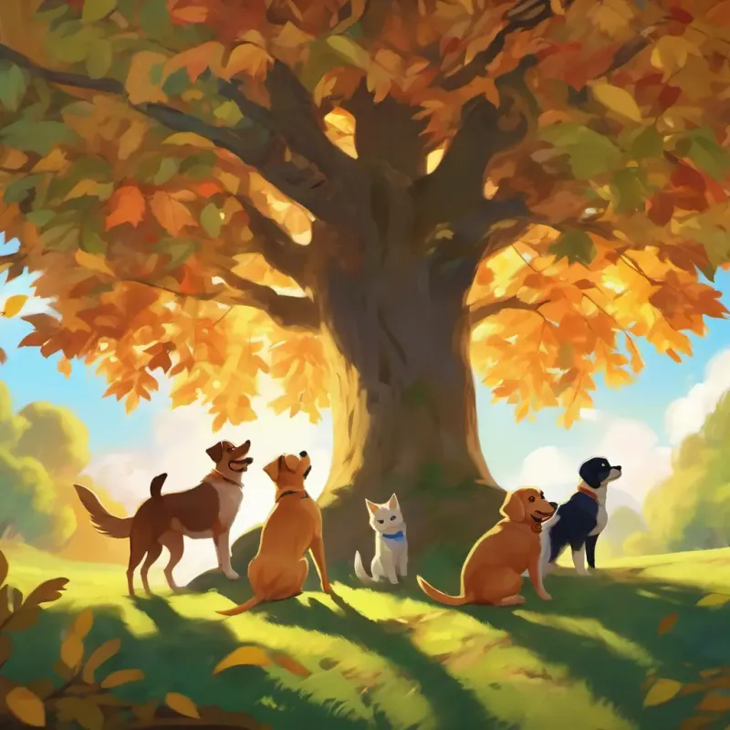 The dogs are surrounding the tree, looking up at the kitten, who is smiling. There are leaves and branches all around.