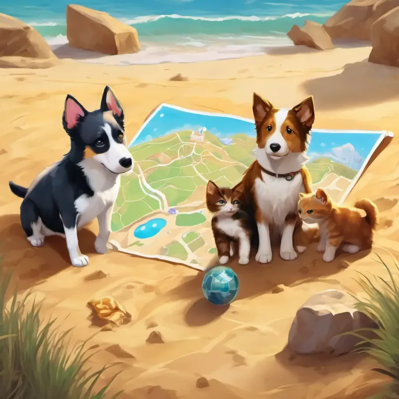 The dogs and the kitten are huddling together, looking at a crinkled map in the sand. There's a big X marking the treasure spot.