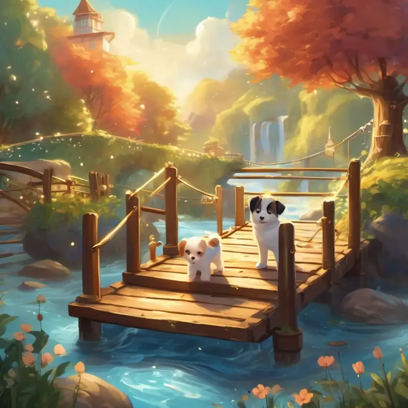 The dogs and the kitten are crossing a wobbly bridge over a river. On the other side, there's a glittering treasure chest surrounded by sparkles.