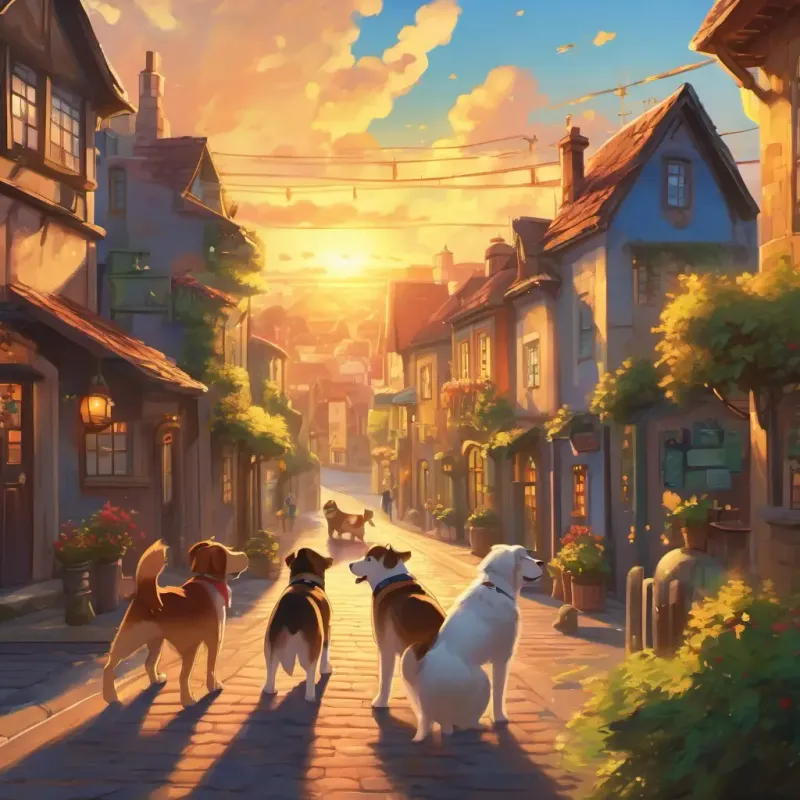 The town is now glowing in the setting sun, and the dogs are standing heroically in front of their friends and neighbors, who are all cheering for them.