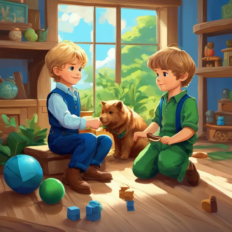 Jean had brown hair and wore blue clothes. and Jensen had blond hair and wore green clothes. playing with toys