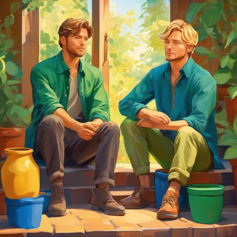 Jean had brown hair and wore blue clothes. and Jensen had blond hair and wore green clothes. sitting on colorful potties
