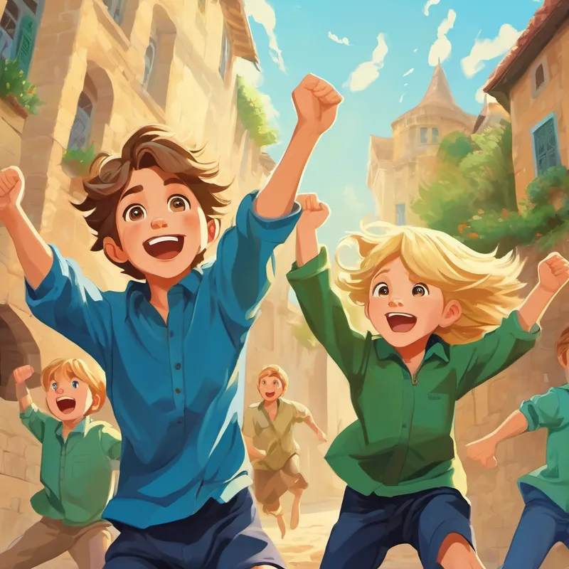 Jean had brown hair and wore blue clothes. and Jensen had blond hair and wore green clothes. jumping and cheering