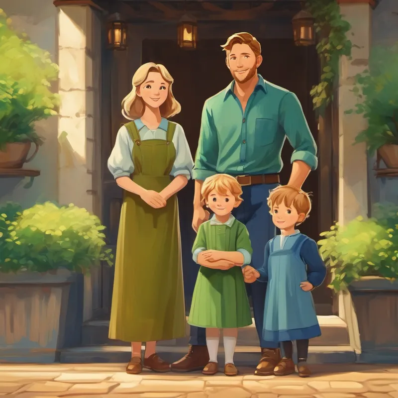 Jean had brown hair and wore blue clothes. and Jensen had blond hair and wore green clothes. standing with happy parents