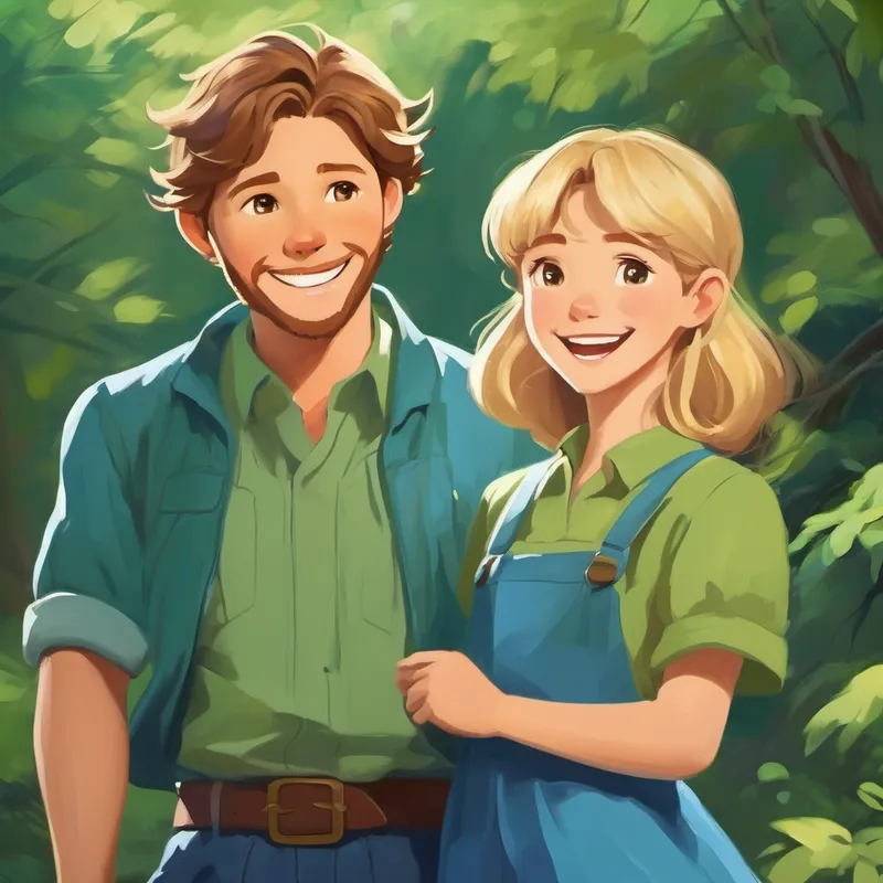 Jean had brown hair and wore blue clothes. and Jensen had blond hair and wore green clothes. laughing and smiling
