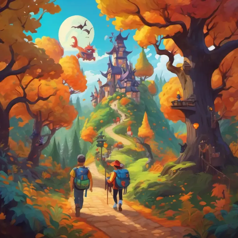 A colorful forest with tall trees and a group of happy, smiling dragons with backpacks and maps