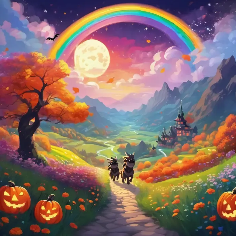 The dragons marching through a flowery valley with a sparkling rainbow in the distance