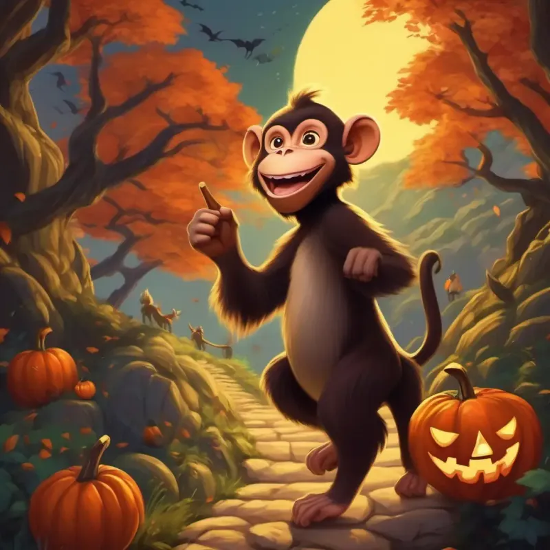 The monkey pointing towards a hidden path, the dragons looking happy and curious