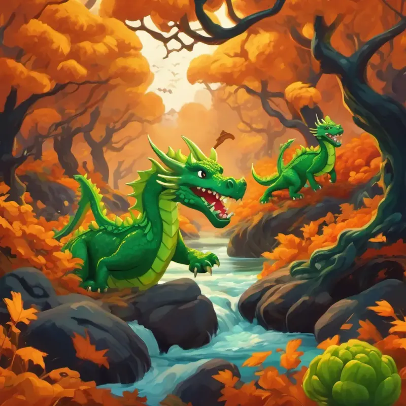 The dragons tiptoeing through a twisted forest and hopping across a river of bubbling broccoli