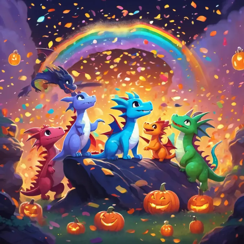 The dragons gathered around the glowing Rainbow Rock, hugging and playing amidst a shower of confetti