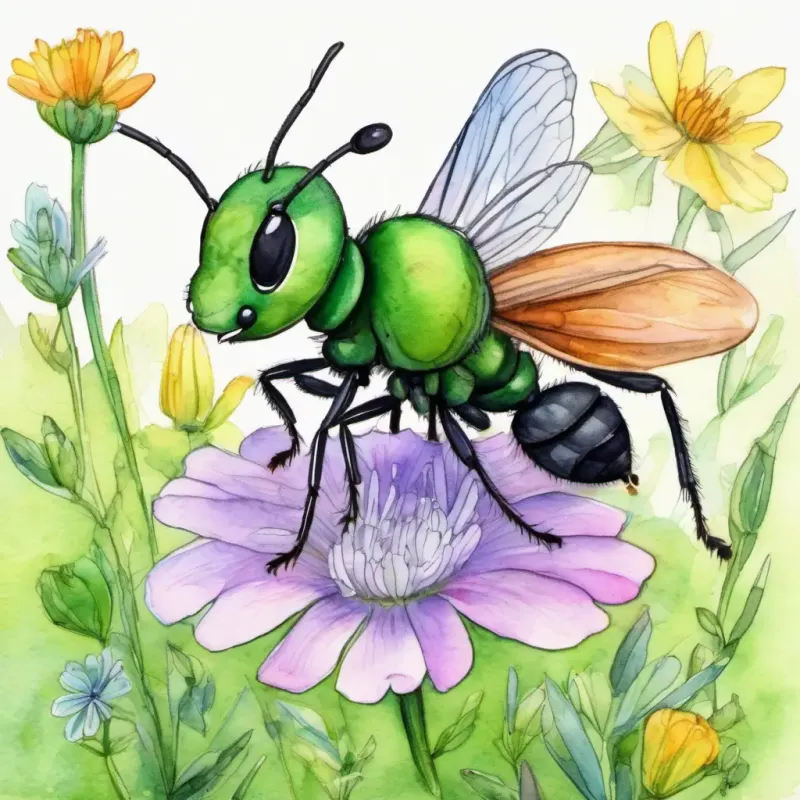 A small A small ant with black eyes and a hardworking expression with six legs and a tiny A green grasshopper with big eyes and a cheerful smile with wings. They live in a green meadow surrounded by colorful flowers.