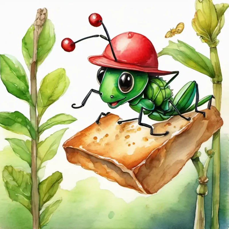 The A small ant with black eyes and a hardworking expression is wearing a red hat and carrying a piece of bread. The A green grasshopper with big eyes and a cheerful smile is hopping around with a big smile on its face.