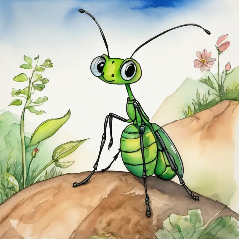 The A small ant with black eyes and a hardworking expression is standing on a small hill, pointing towards the horizon. The A green grasshopper with big eyes and a cheerful smile is looking confused.