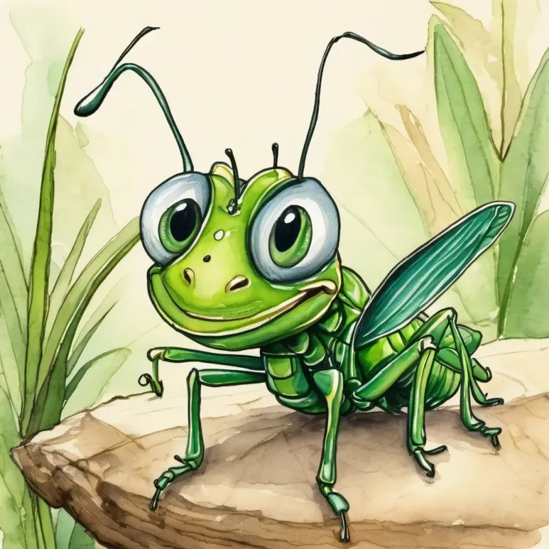 The A green grasshopper with big eyes and a cheerful smile is laughing with its mouth wide open. The A small ant with black eyes and a hardworking expression is looking worried and shaking its head.