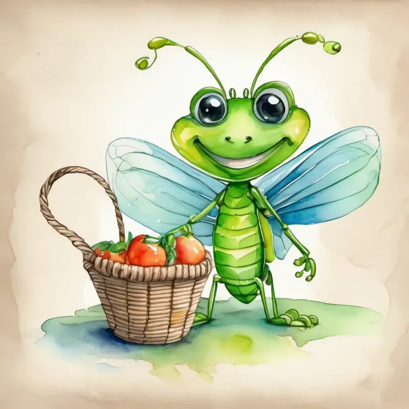 The A green grasshopper with big eyes and a cheerful smile is shivering and holding its stomach. The A small ant with black eyes and a hardworking expression is standing with a serious expression, holding a basket of food.
