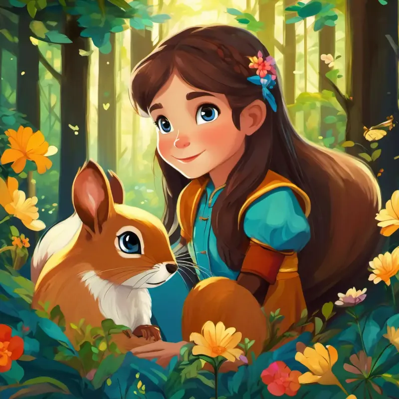 Lily: a young girl with a kind heart, brown hair, and bright blue eyes and Sammy: a talking squirrel with golden fur and shiny black eyes meet in the enchanted forest, filled with tall trees and colorful flowers