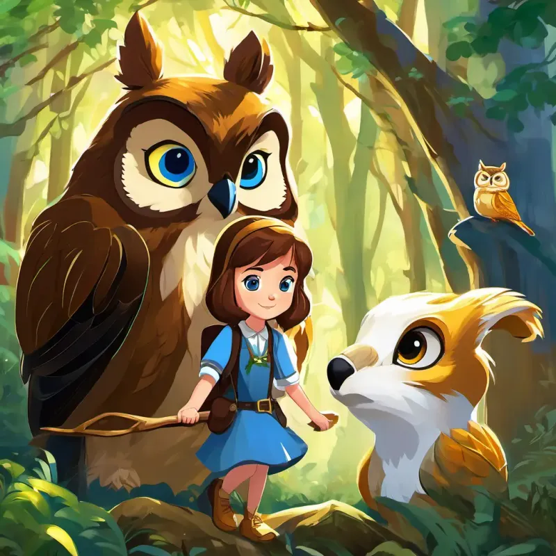 Lily: a young girl with a kind heart, brown hair, and bright blue eyes, Sammy: a talking squirrel with golden fur and shiny black eyes, and Oliver: a wise owl with white feathers and bright yellow eyes continue their adventure in the forest, now with company of the wise owl