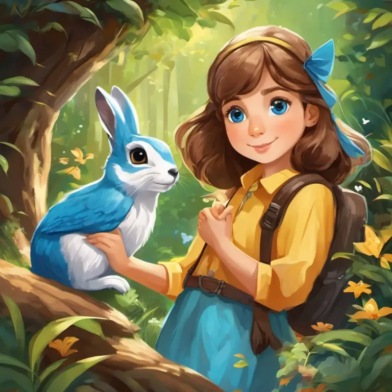 Lily: a young girl with a kind heart, brown hair, and bright blue eyes, Sammy: a talking squirrel with golden fur and shiny black eyes, Oliver: a wise owl with white feathers and bright yellow eyes, and Rosie: a playful rabbit with soft brown fur and big, round eyes reach the magical river and the hidden cave with stepping stones