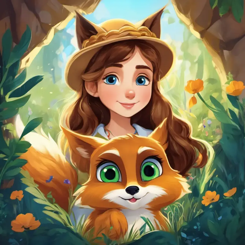 Lily: a young girl with a kind heart, brown hair, and bright blue eyes, Sammy: a talking squirrel with golden fur and shiny black eyes, Oliver: a wise owl with white feathers and bright yellow eyes, Rosie: a playful rabbit with soft brown fur and big, round eyes, and Felix: a mischievous fox with orange fur and mischievous green eyes in the cave, protecting the treasure from the mischievous fox
