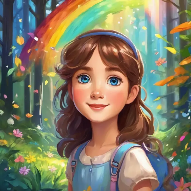 Lily: a young girl with a kind heart, brown hair, and bright blue eyes's wish comes true, bringing joy and a colorful rainbow to the enchanting forest