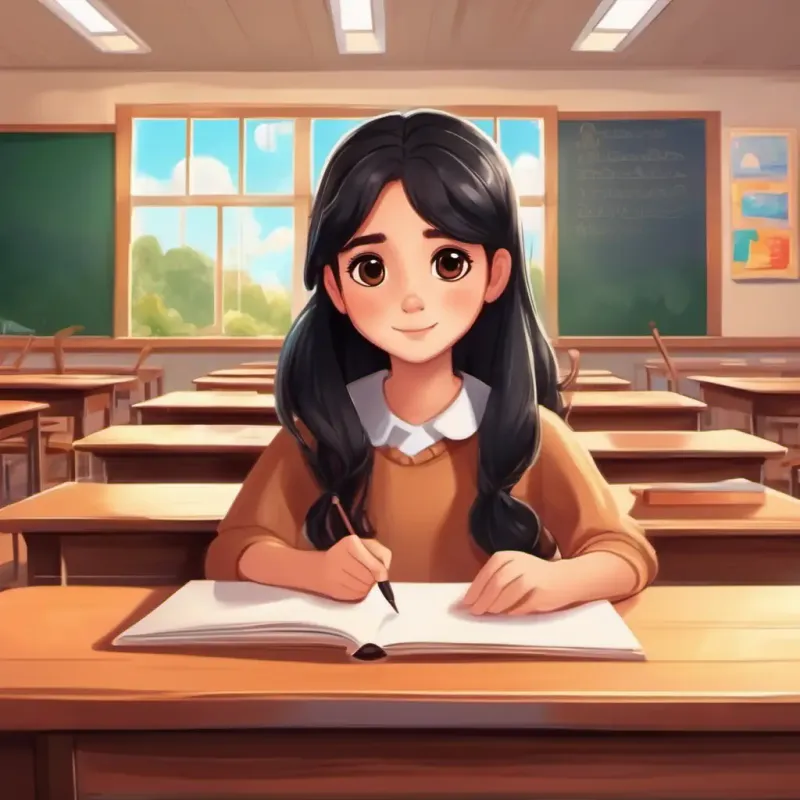 Introduction to Kind girl with big brown eyes and long black hair in her classroom.